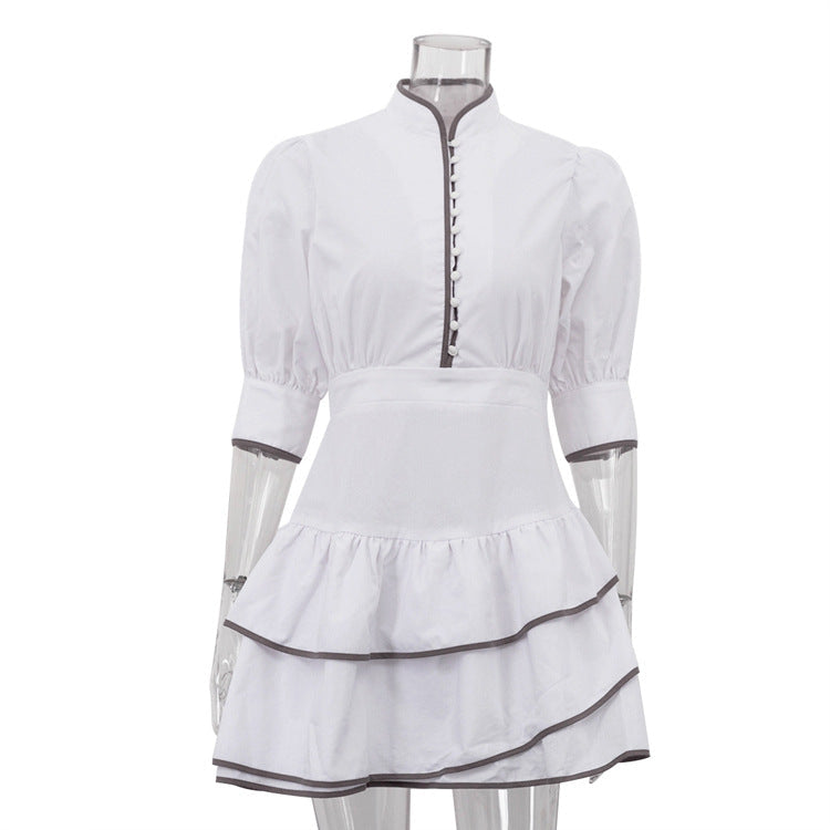 Graceful Fashionable Contrast Color Shirt Dress Women Stand Collar Puff Sleeve Tight Waist A line Dress