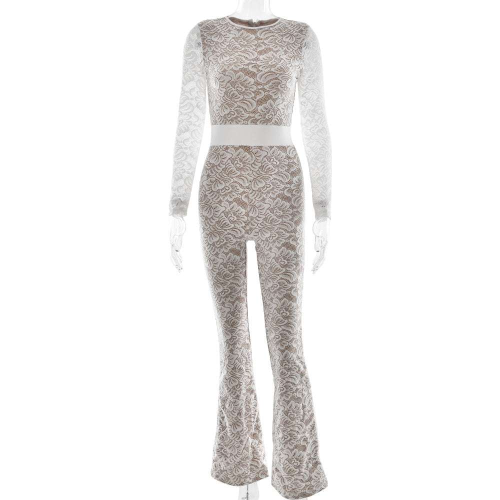 Autumn Winter Sexy Lace Stitching Arrival Long Sleeve round Neck Jumpsuit