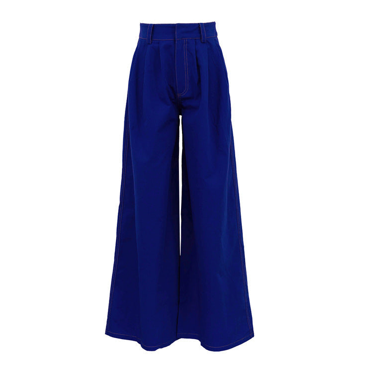 Street Double Pocket Blue Trousers Women Loose Straight Wide Leg Pants