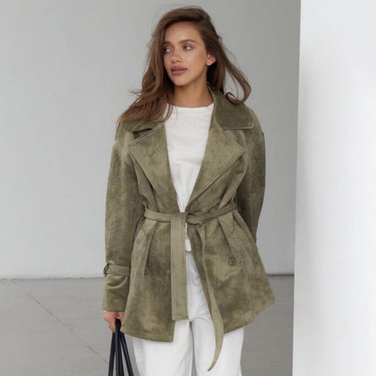 Retro Suede Fabric Jacket Coat Autumn Winter Polo Collar Lace up Waist Trimming Coat
