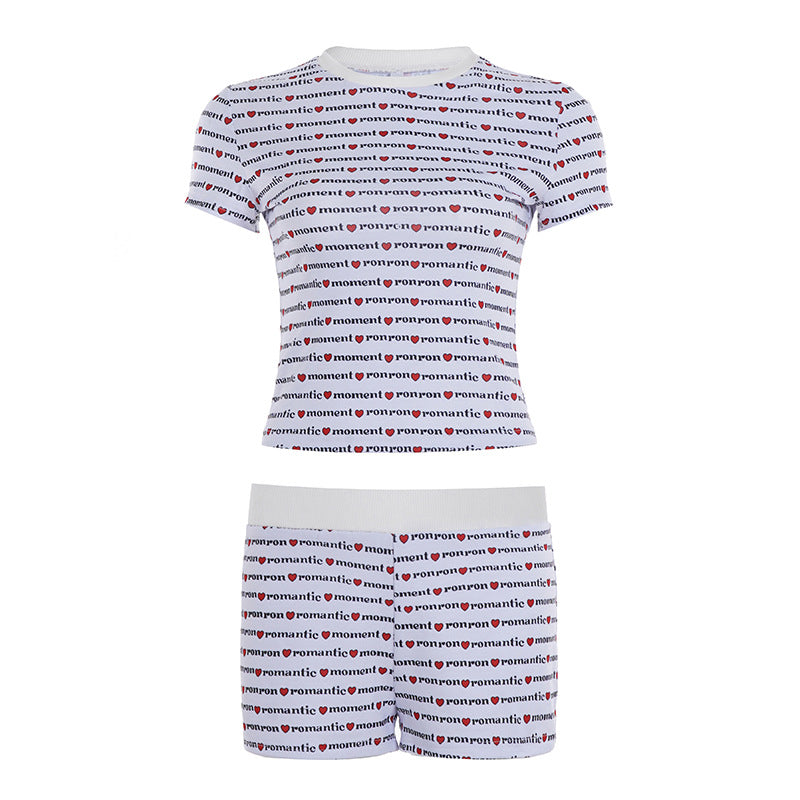 Street Casual Letter Graphic Printed Love Basic round Neck Short Sleeve Top Contrast Color Shorts Two Piece Set