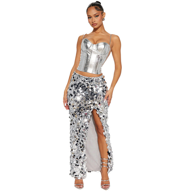 Sexy Women Wear Dress Sequin Dress Women Dress Slit Half Length Sequin Maxi Dress