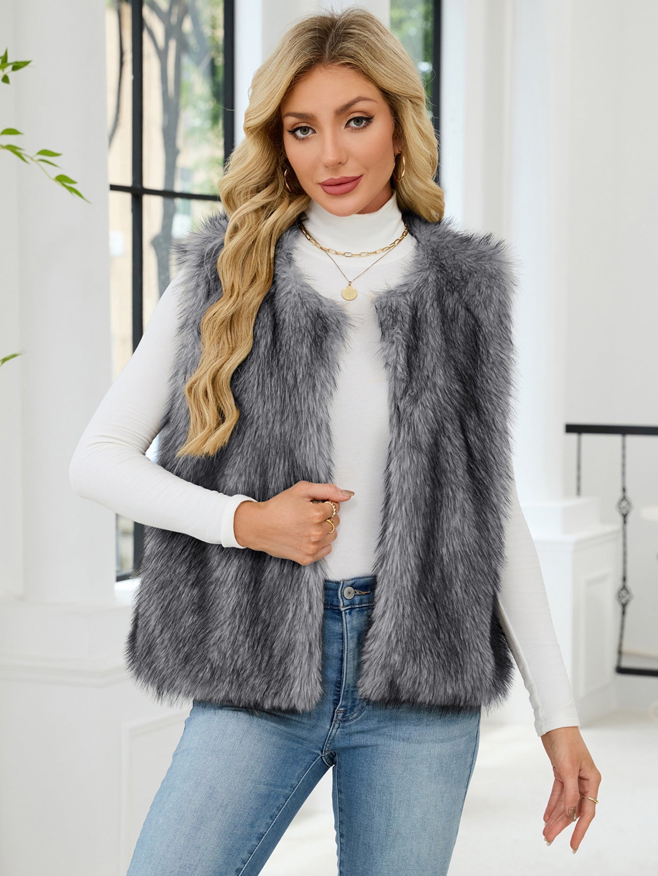 Women Clothing Faux Fur V neck Vest Coat Sleeveless Vest