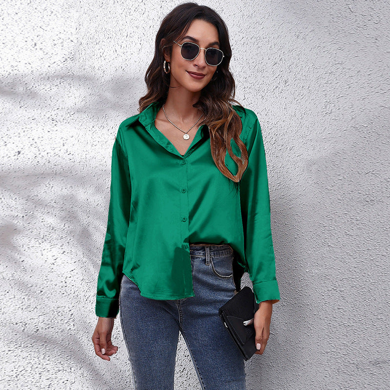 Popular Satin Shirt Women Artificial Silk Long Sleeve Shirt Autumn Women Clothing