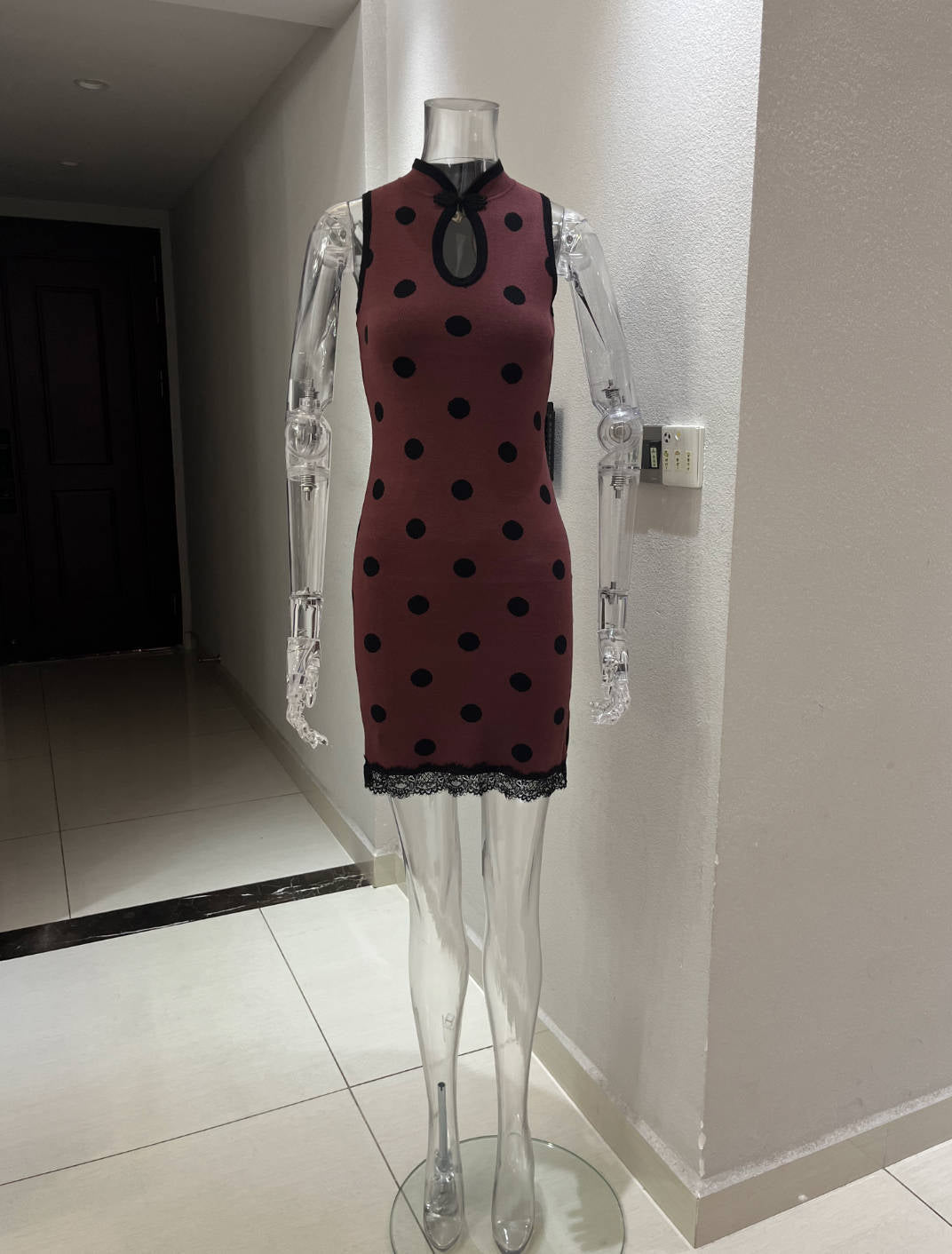 Summer Mid Polka Dot Contrast Color Lace Stitching Dress Stand Collar Sleeveless Sexy Casual Shaped Short Dress Women