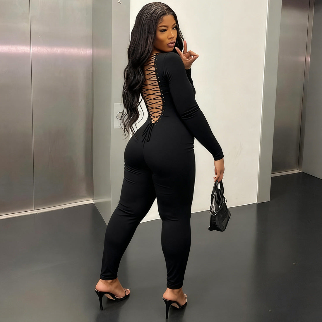 Women Clothing Autumn Winter Sexy U Collar Backless Lace up Long Sleeve Solid Color Hip Lifting Jumpsuit