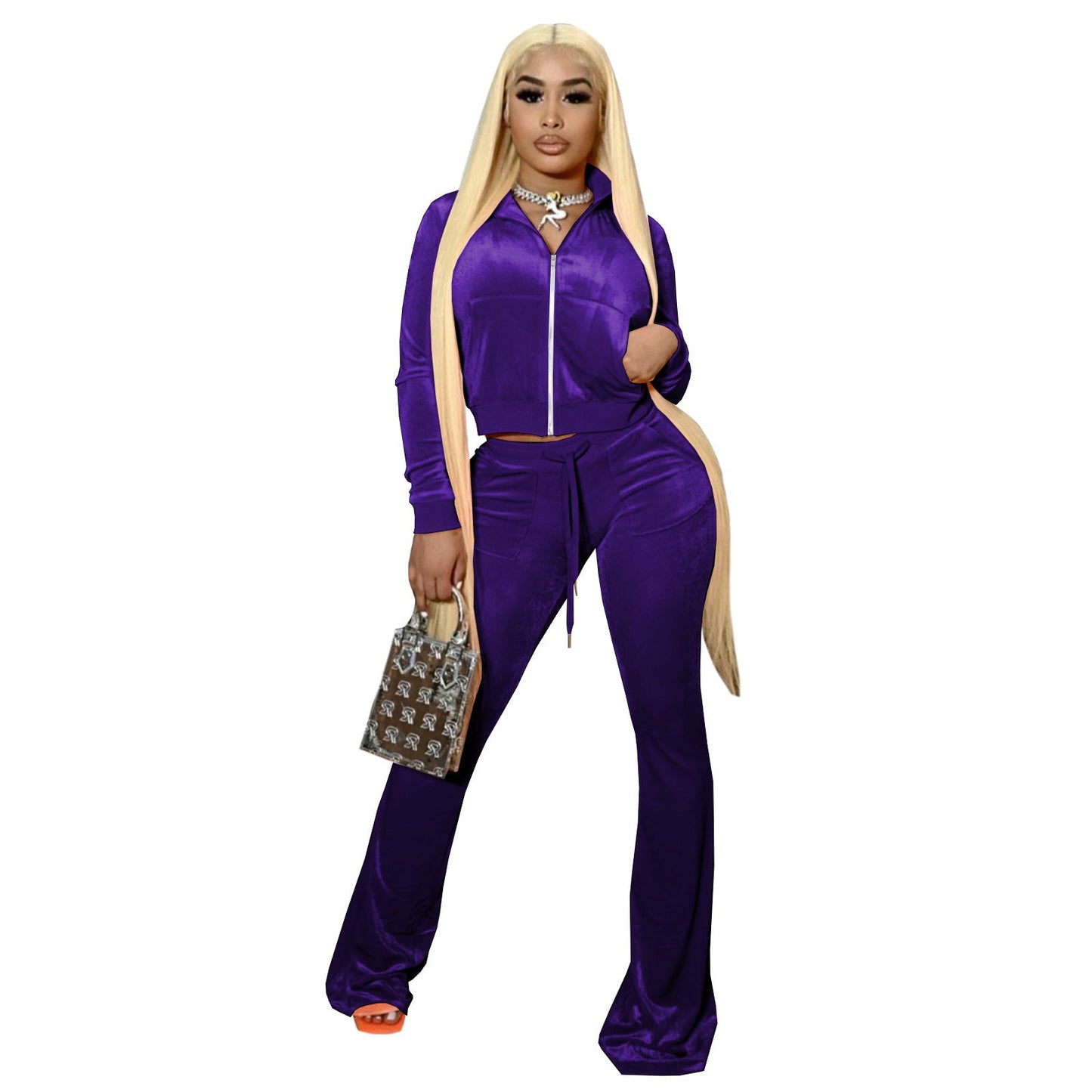 Women Clothing Two-Piece Korean Velvet Solid Color Long Sleeve Sexy cropped Casual Sports Suit
