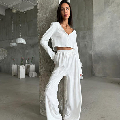 Autumn Winter White Knitted Fabric Jacquard Home Wear Long Sleeves Cropped Trousers Two Piece Soft Pajamas