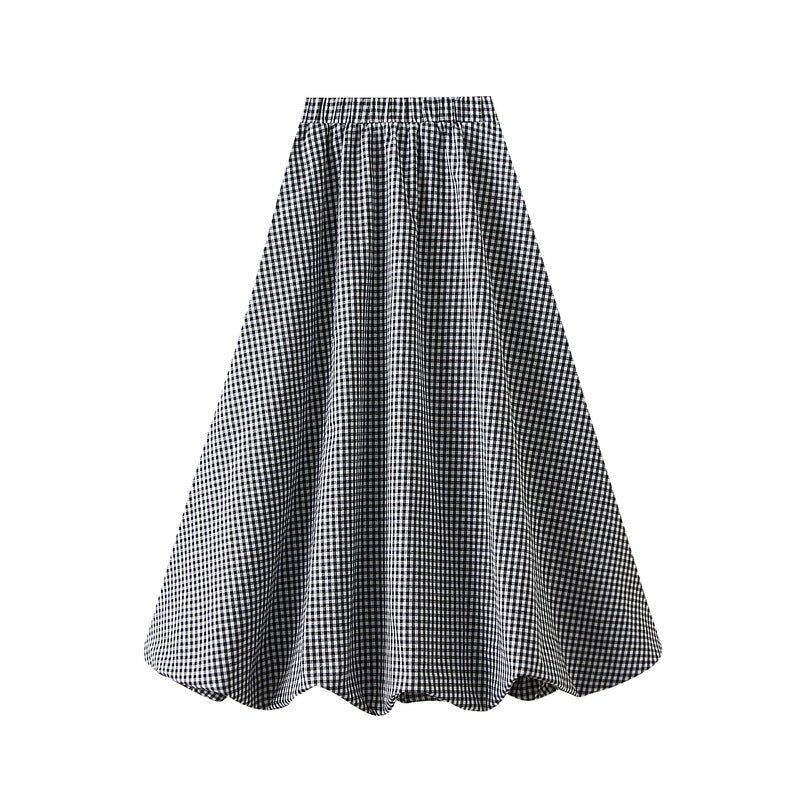 Japanese Plaid Bud Umbrella Skirt Women Spring Summer High Waist A line Skirt Mid Length Lantern