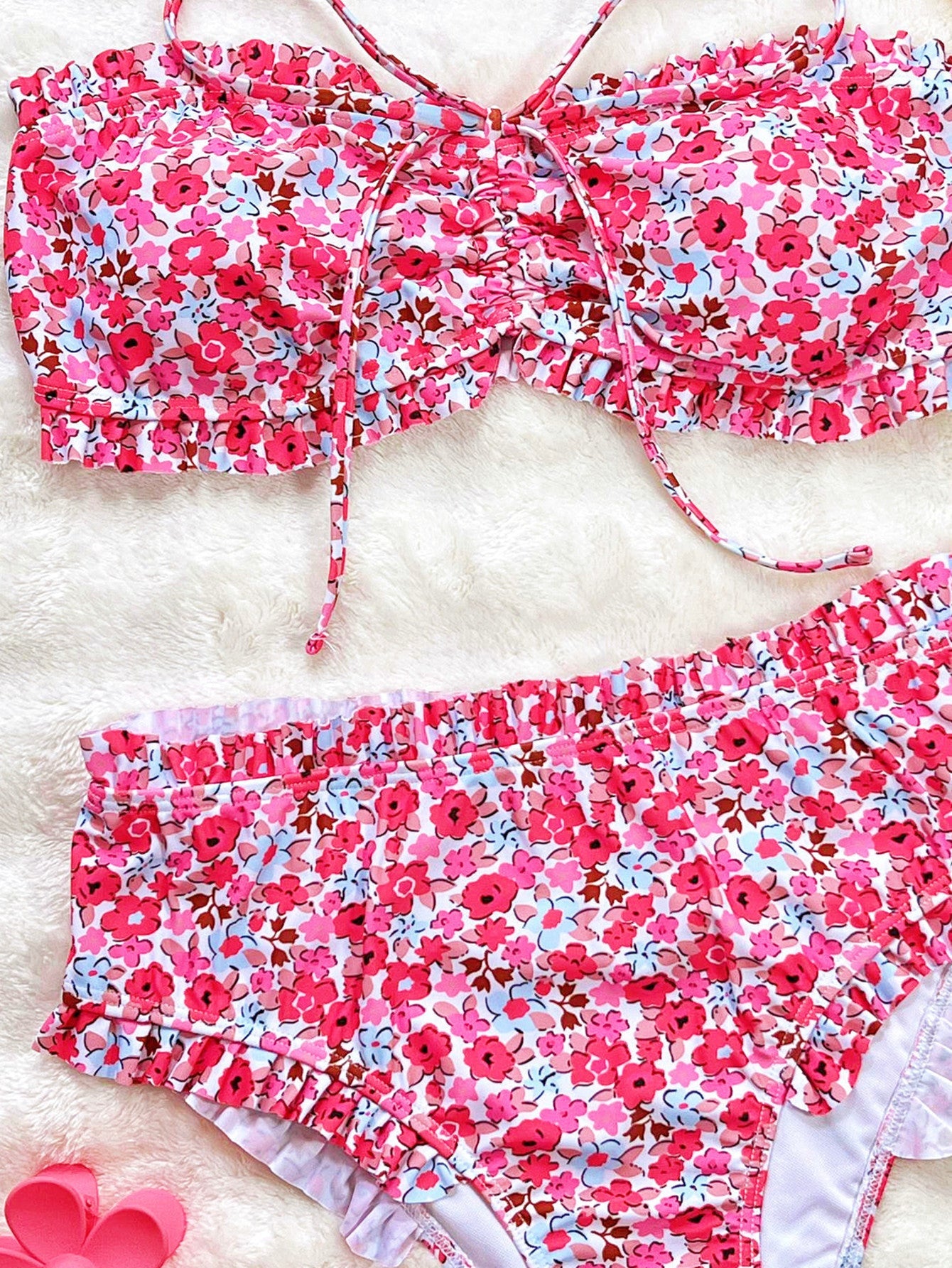 Bikini split swimsuit flower print pleated lace tube top triangular bikini