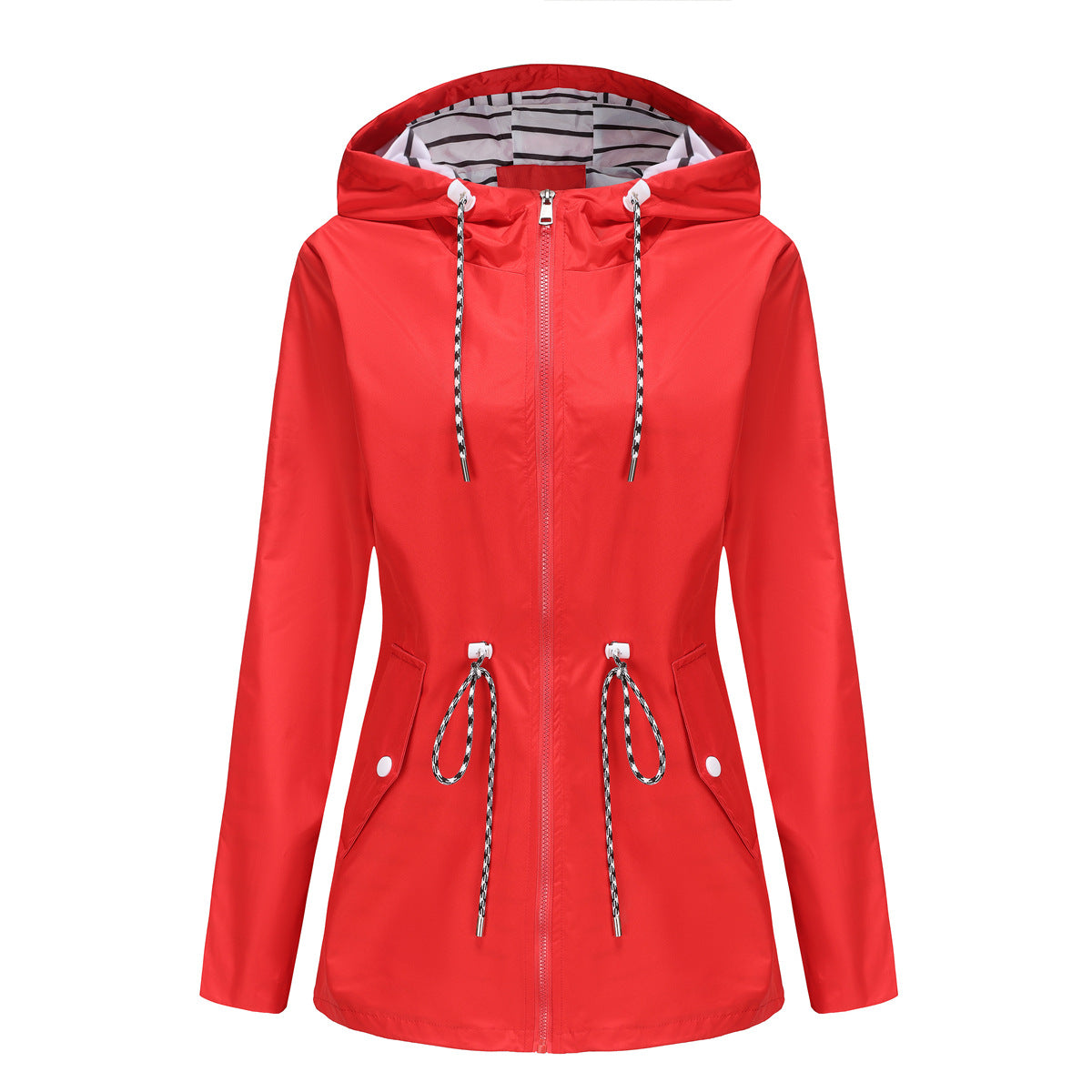 Long Sleeved Waterproof Mid Length Trench Coat Women Hooded Striped Raincoat Women Clothing