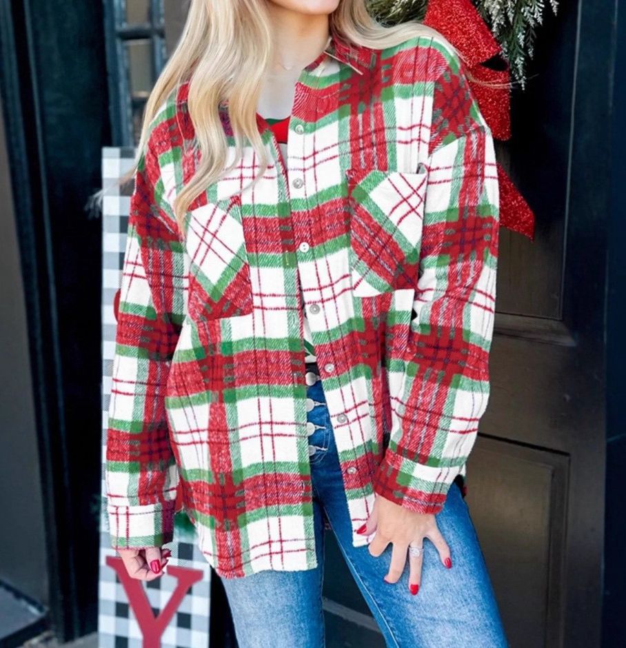 Autumn Winter Women Wear Plaid Woolen Coat Shirt Christmas