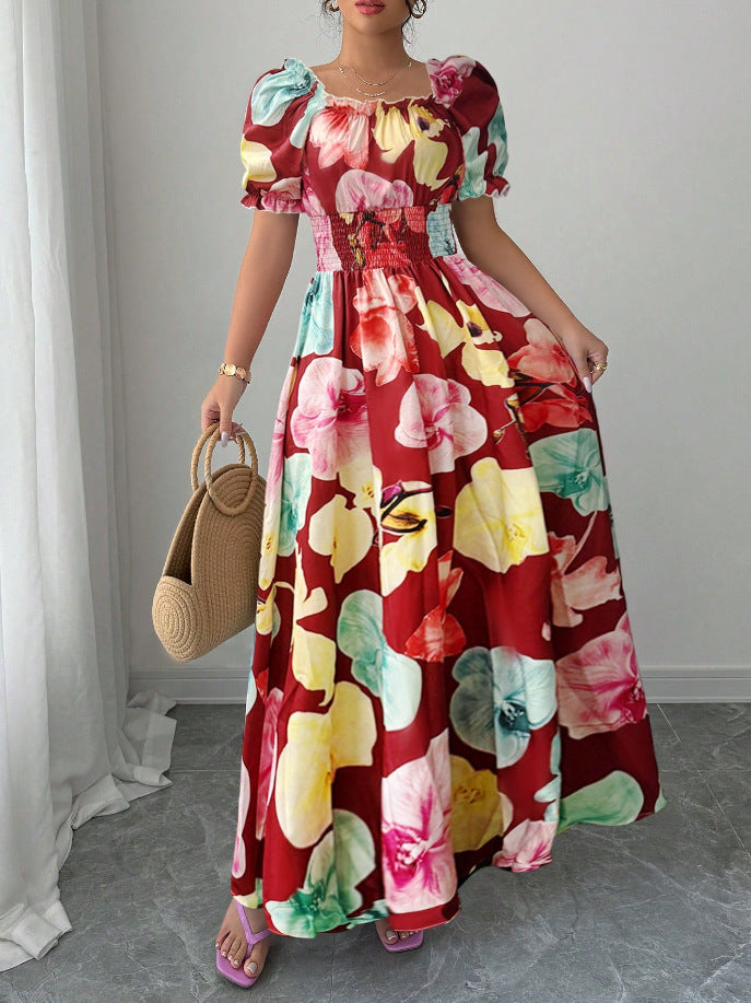 Summer Bubble Sleeve High Waist Tight Waist Women Printed Wear Large Swing Sling Dress
