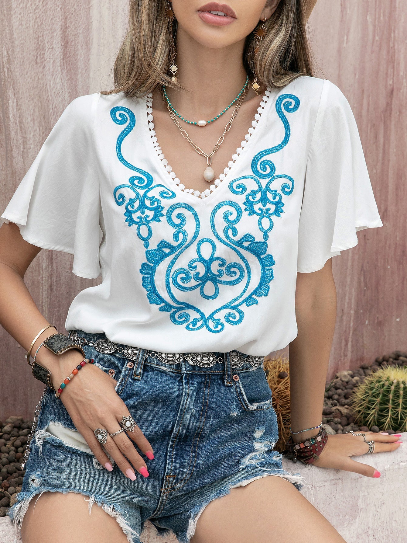 Bohemian Beach Casual Embroidered Front Middle Strap Women Top