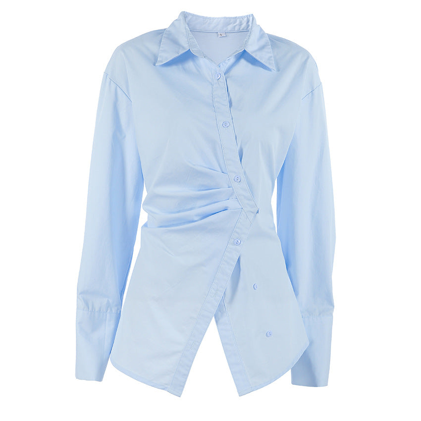 Autumn Women Clothing Pure Cotton Niche Slim Fit Waist Sneaky Design Slit Hemline at Hem Shirt