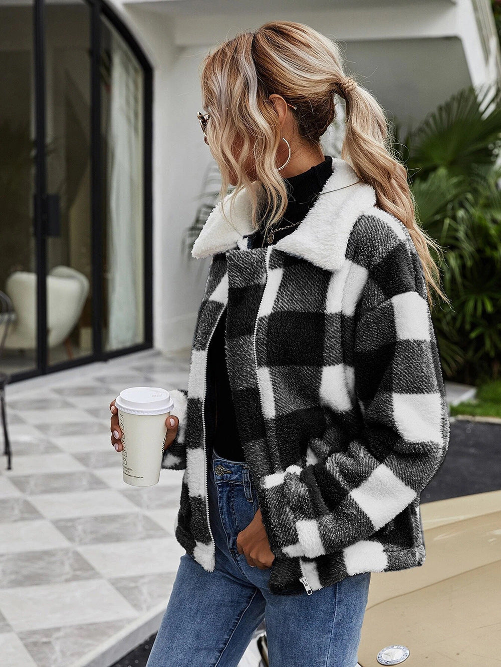 Autumn Winter Zipper Collared Plush Plaid Coat Loose Office Women Outerwear