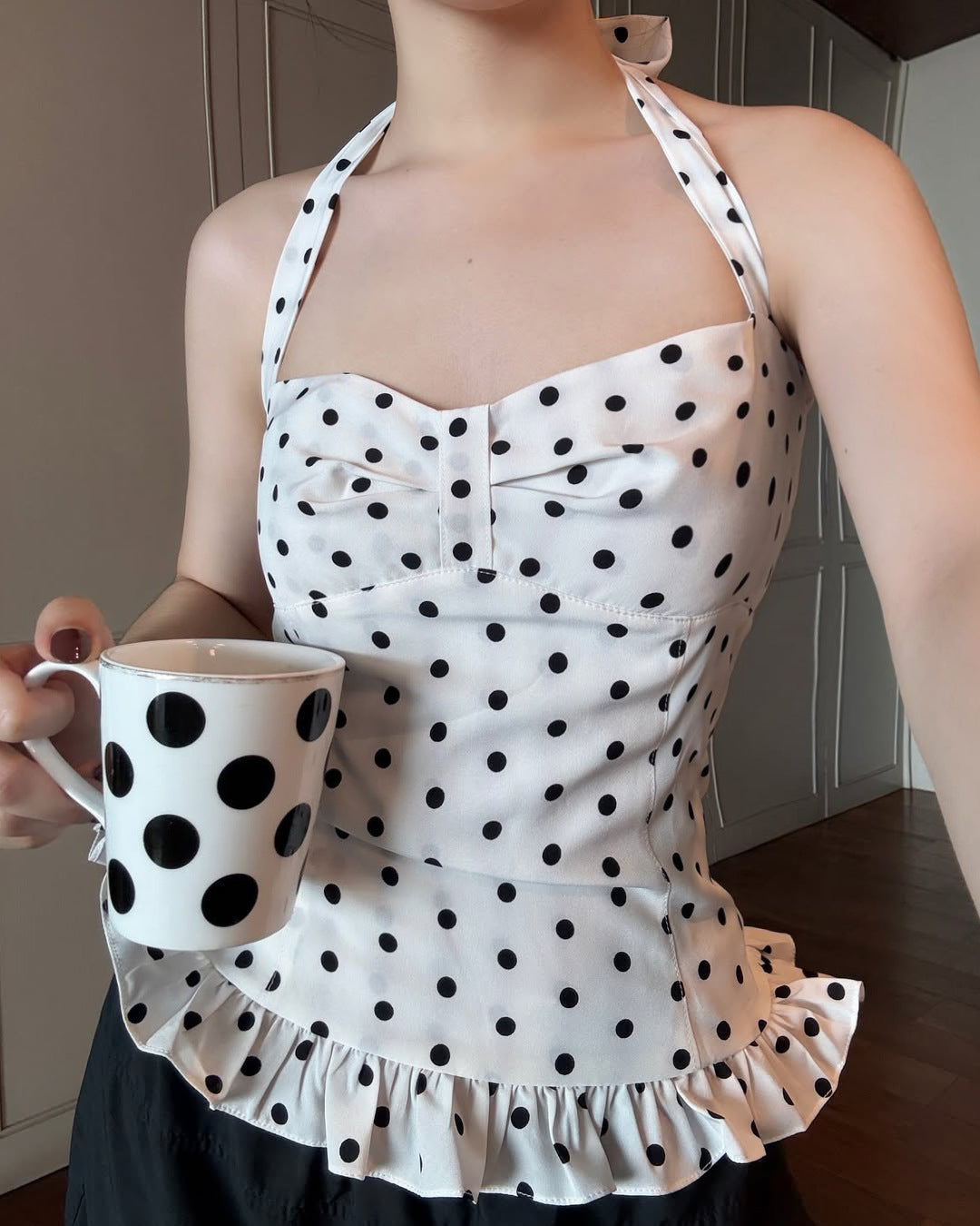 Women Polka Dot Print Chest Pleated Halter Strap Vest Pure Princess Waist Controlled Top