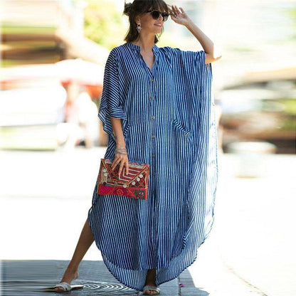 Black & Brown Striped Beach Robe ¨C Sexy Single-Breasted Bikini Cover-Up, Vacation Kimono
