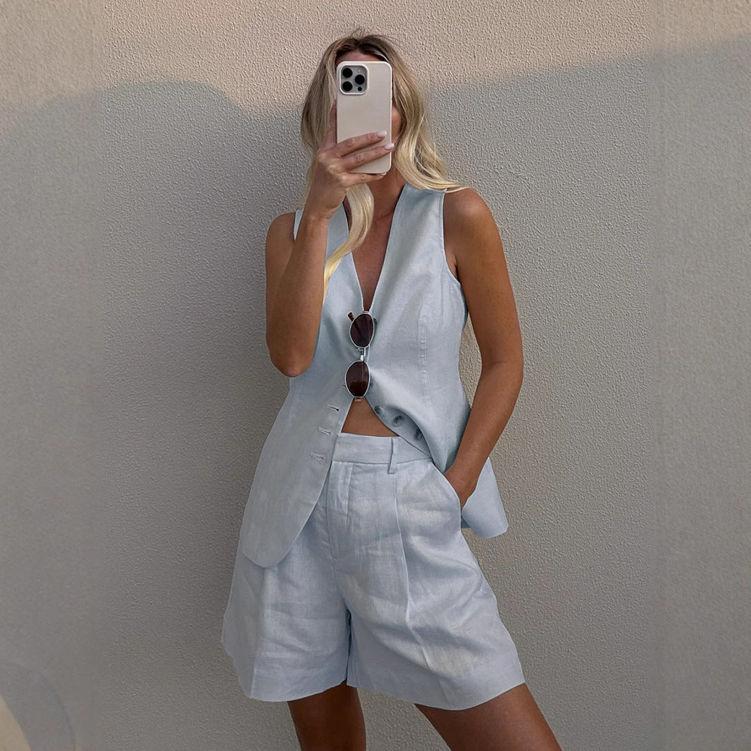 Cotton Linen Vest Shorts Set Summer Office Vest Shorts Set Casual Women