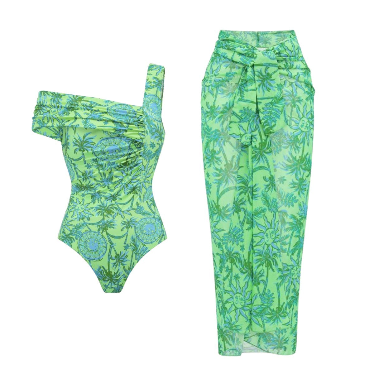 Swimsuit One Shoulder Green Fresh Holiday Floral Print One Piece Swimsuit Set