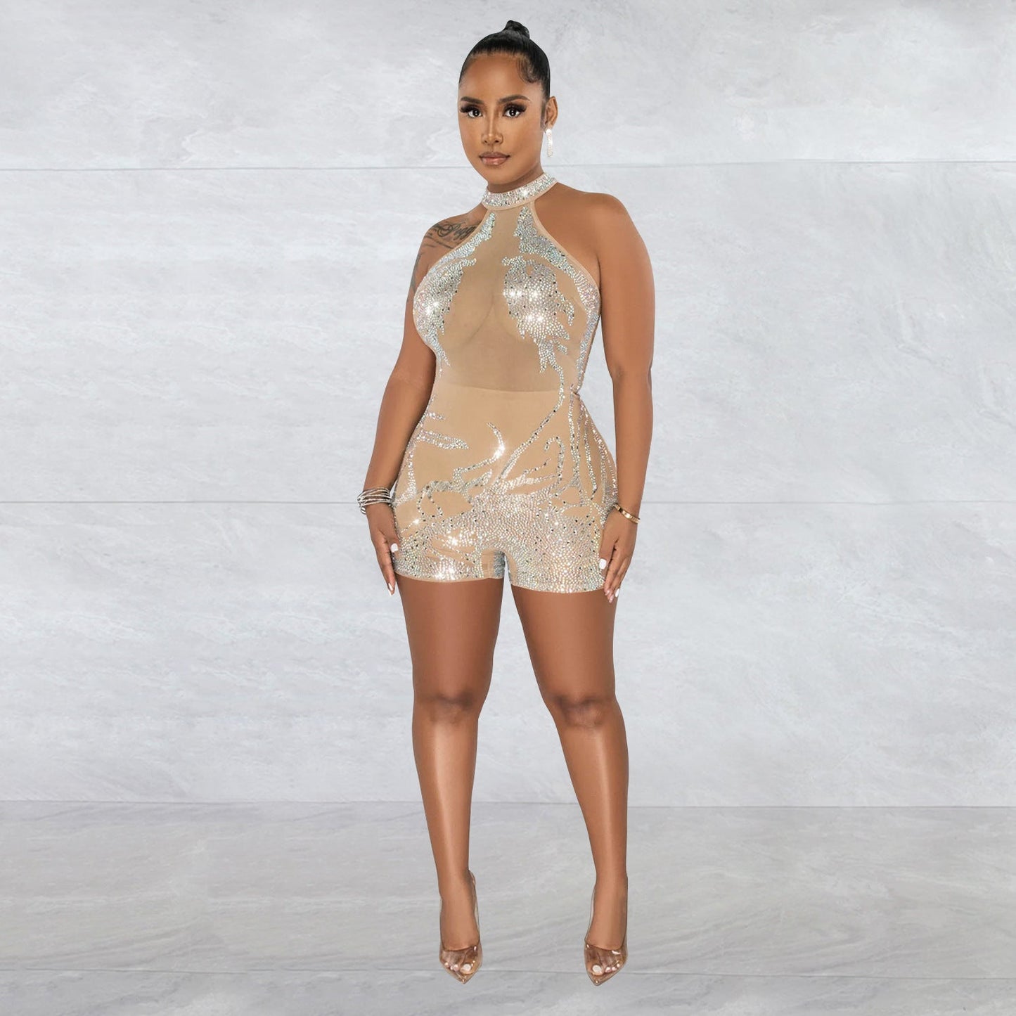 Women Wear Mesh See through Rhinestone Sleeveless Shorts Jumpsuit