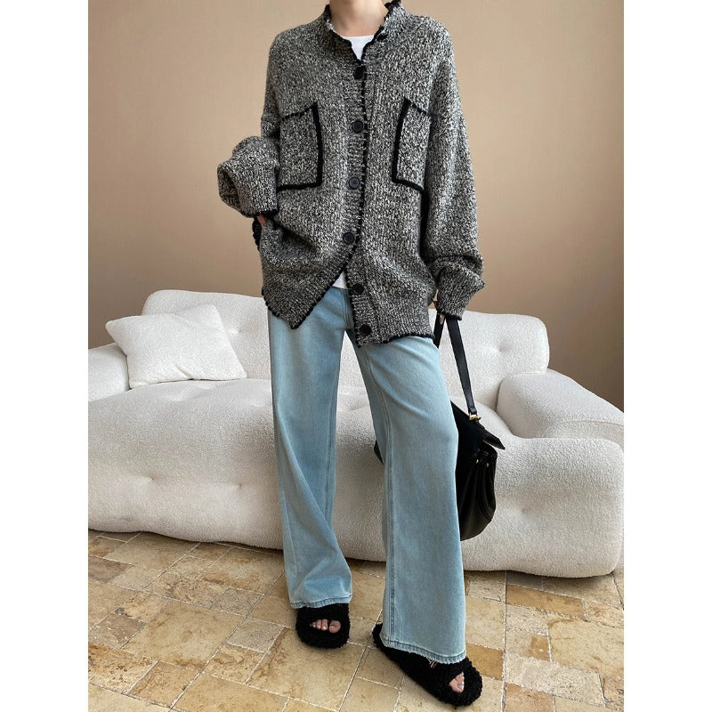 Early Autumn Fashionable Double Pocket Contrast Color round Neck Lazy Loose Knitted Sweater Coat