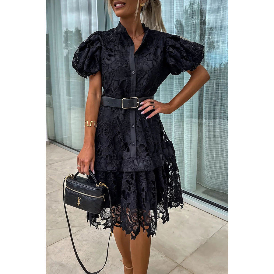 Spring Summer Single Breasted Lace Dress Loose Vacation Belt Dress Women