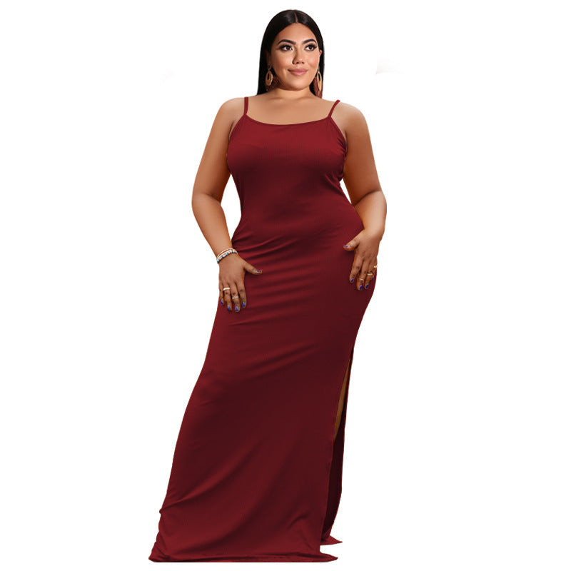 Plus Size Women Clothes Summer Sunken Stripe Sleeveless Split Sexy Tight Dress