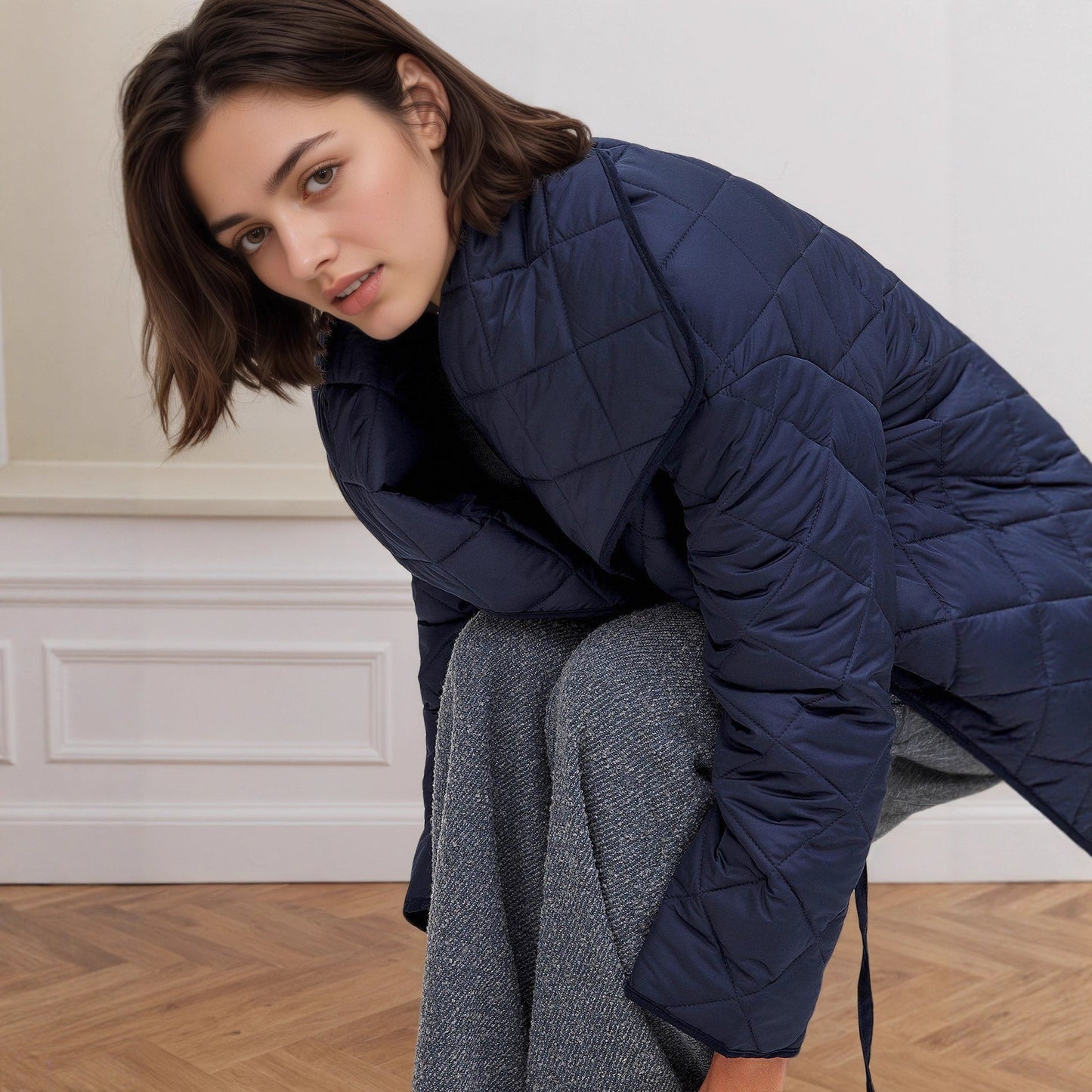 Women Large Collared Sapphire Blue Tone with Rhombic Quilted Short Loose Design Cotton Padded Coat