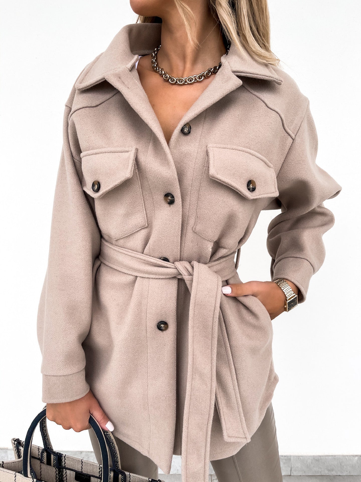 Fall Winter Lapels Single Breasted Thickened Solid Color Shirt Woolen Baggy Coat Female