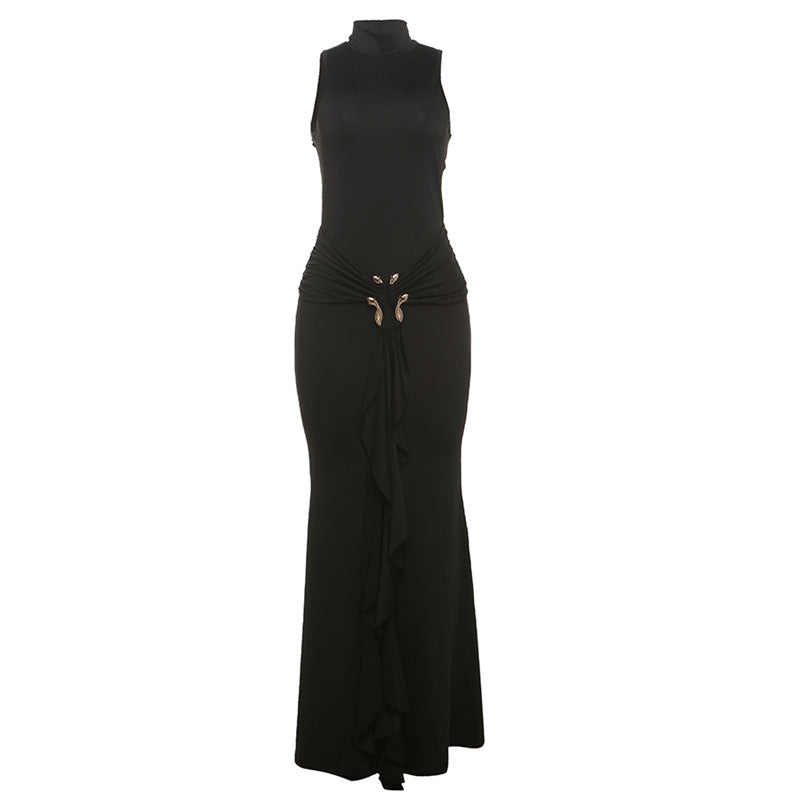 Women Clothing Solid Color Half Collar Slim Fit Sexy Metal Frog Button Dress
