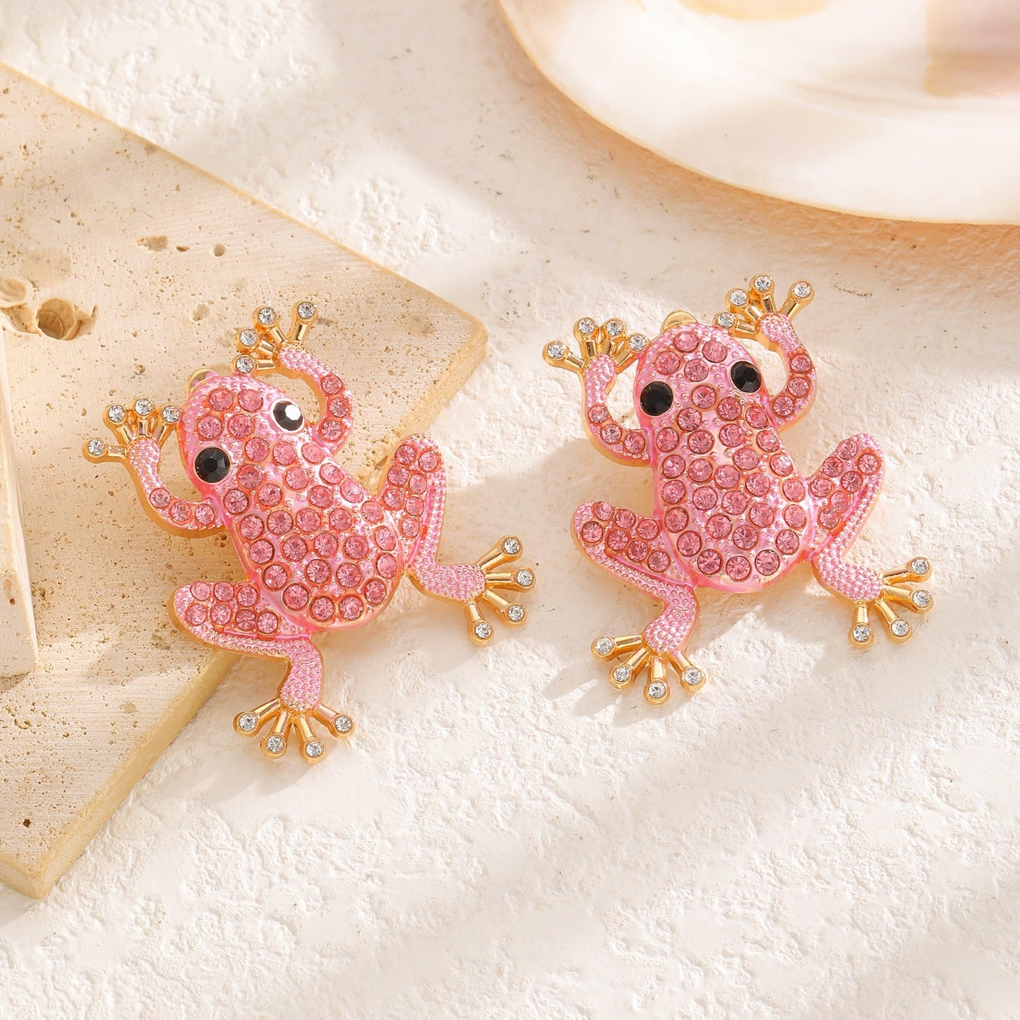 Fashion Creative Alloy Rhinestone Faux Pearl Frog Animal Stud Earrings