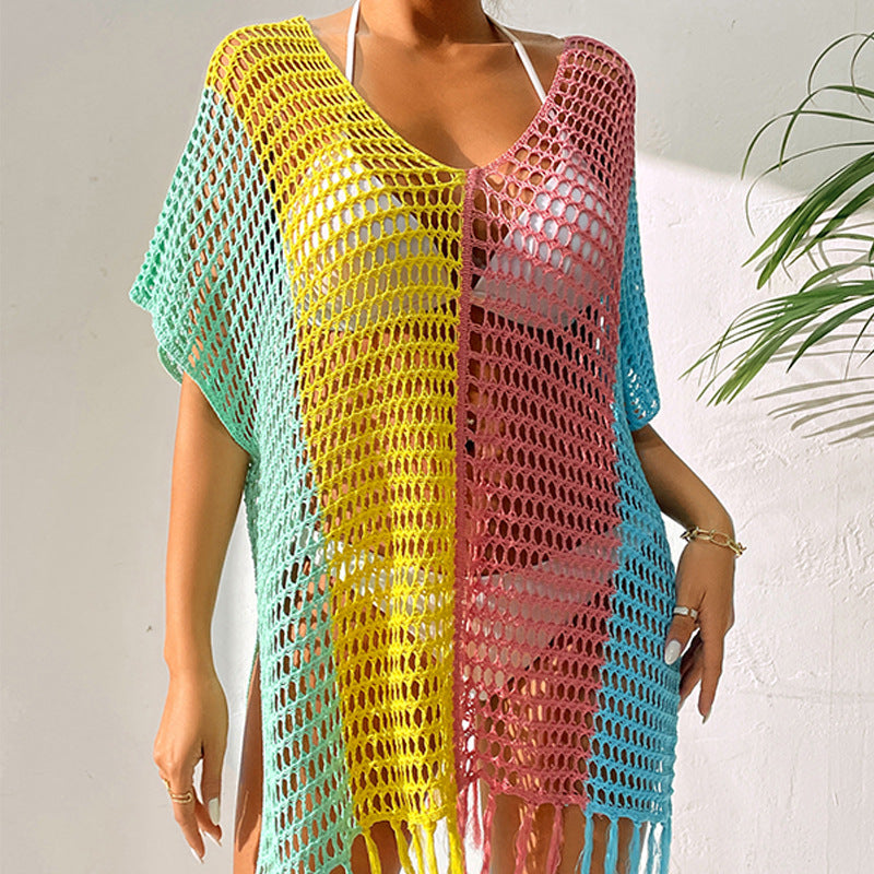 New Contrast Color Sexy Loose Pullover V-neck Tassel Hollow Out Cutout out Beach Sun Protection Clothing Bikini Beach Cover-up Crochet hook