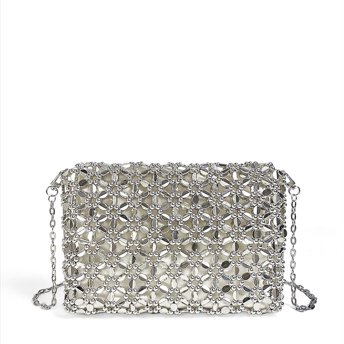 Silver Shiny Hand Woven Beads Small Square Bag Cocktail Pearl Hollowed Crossbody Small Bag