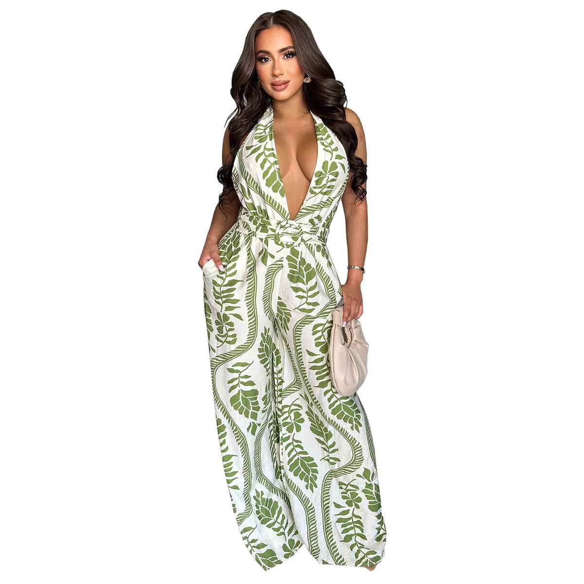 Women Wear Casual Sexy Deep V Plunge neck Backless Print Jumpsuit