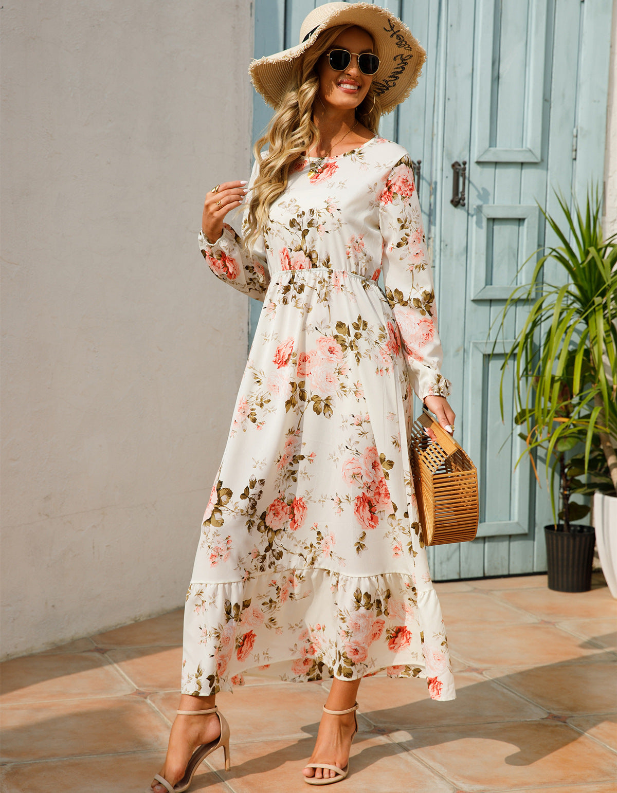 Spring and Autumn floral chiffon dress waist thin long sleeve round neck long printed skirt children