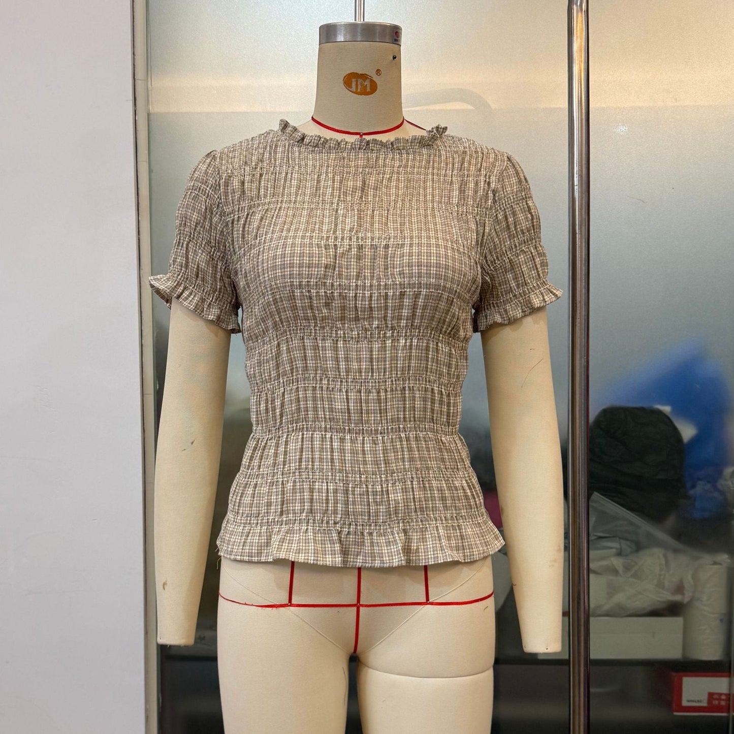 Women Clothes Solid Color Grid Casual All Matching Slim Fit Fitted Waist Pleated Cropped Short Sleeved Top