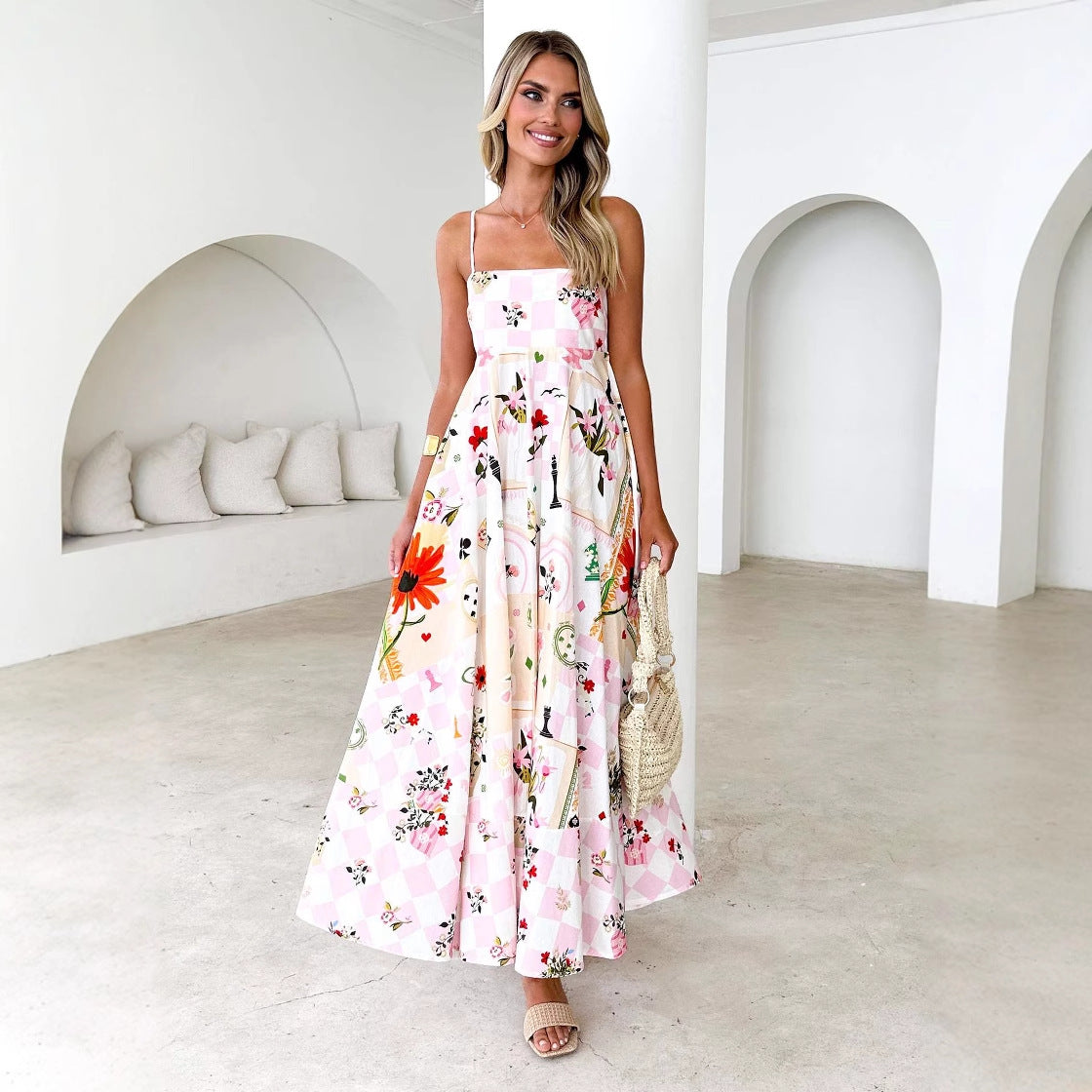 Summer Printed Backless Sexy Suspenders Large Swing High Waist Dress Women