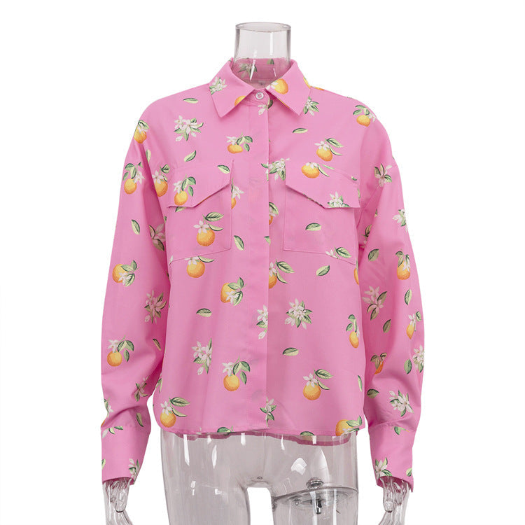 Digital Printing Casual Women Shirt Spring Autumn Polo Collar Long Sleeve All Matching Cardigan Top