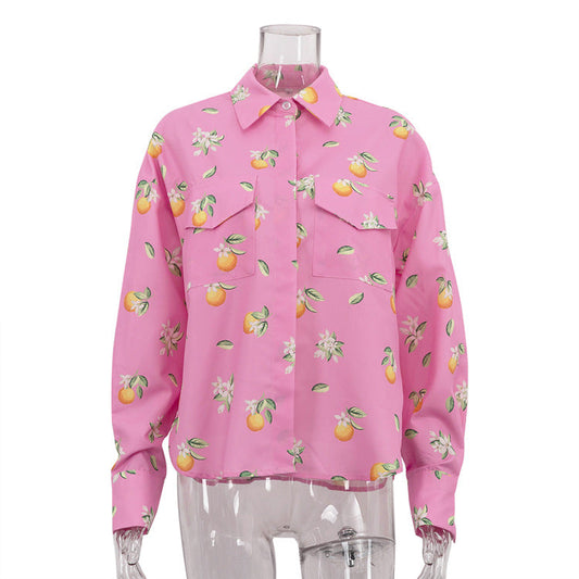 Digital Printing Casual Women Shirt Spring Autumn Polo Collar Long Sleeve All Matching Cardigan Top
