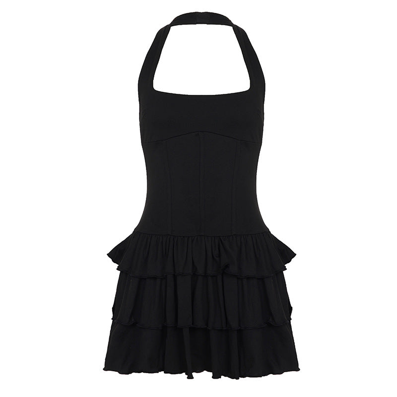 Built Basic Solid Color U Collar Halter Pleated Tiered Skirt Sexy Backless Dress Short Dress
