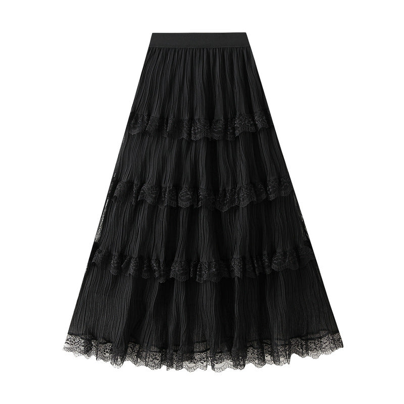 Wave Pleated Mesh Stitching Lace Skirt Women Spring High Waist Slimming Fairy Tiered Dress