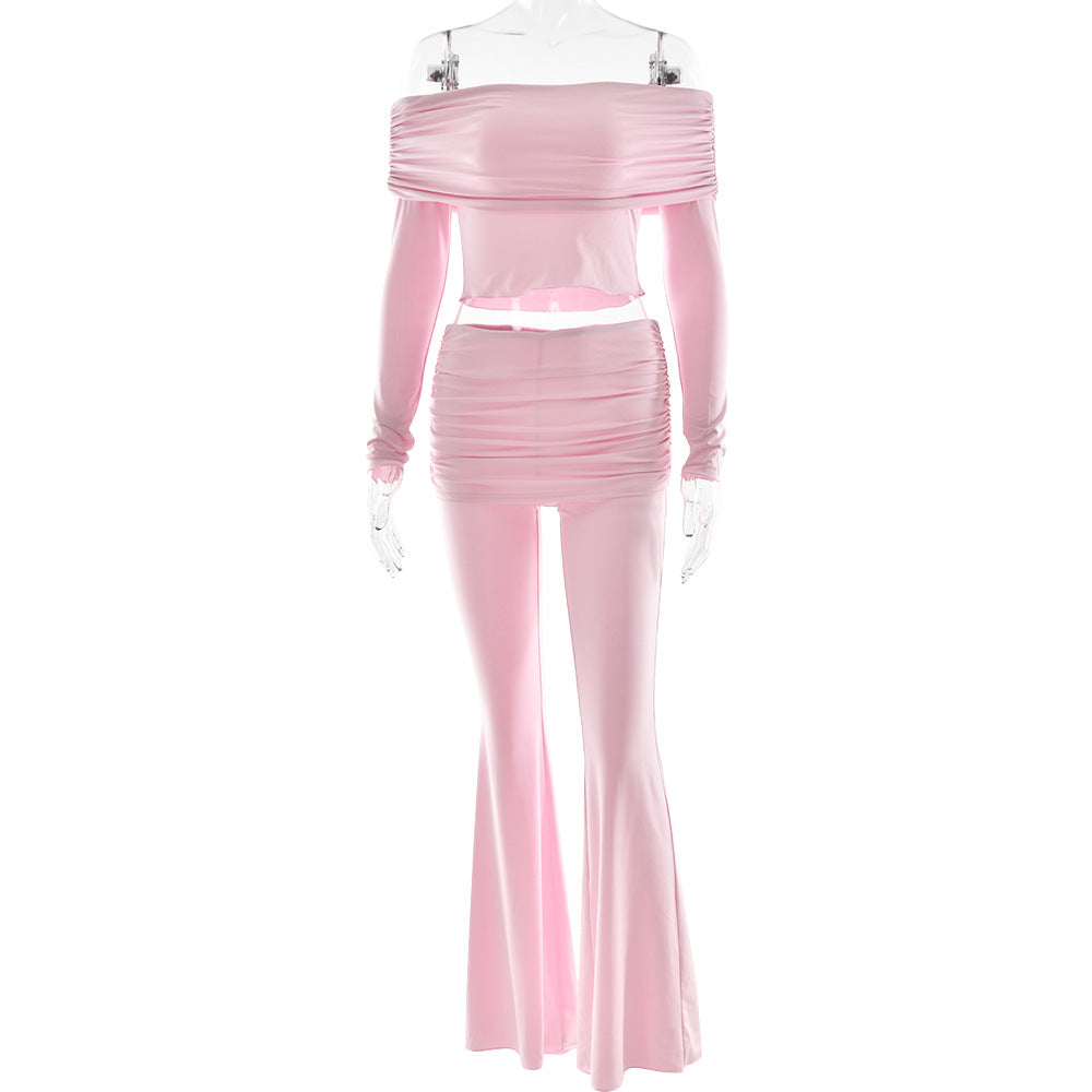 Arrival Ladies Two Piece Set Sexy Waist Trimming Small Top Slim Hip Bag Bootcut Pants Two Piece Sets