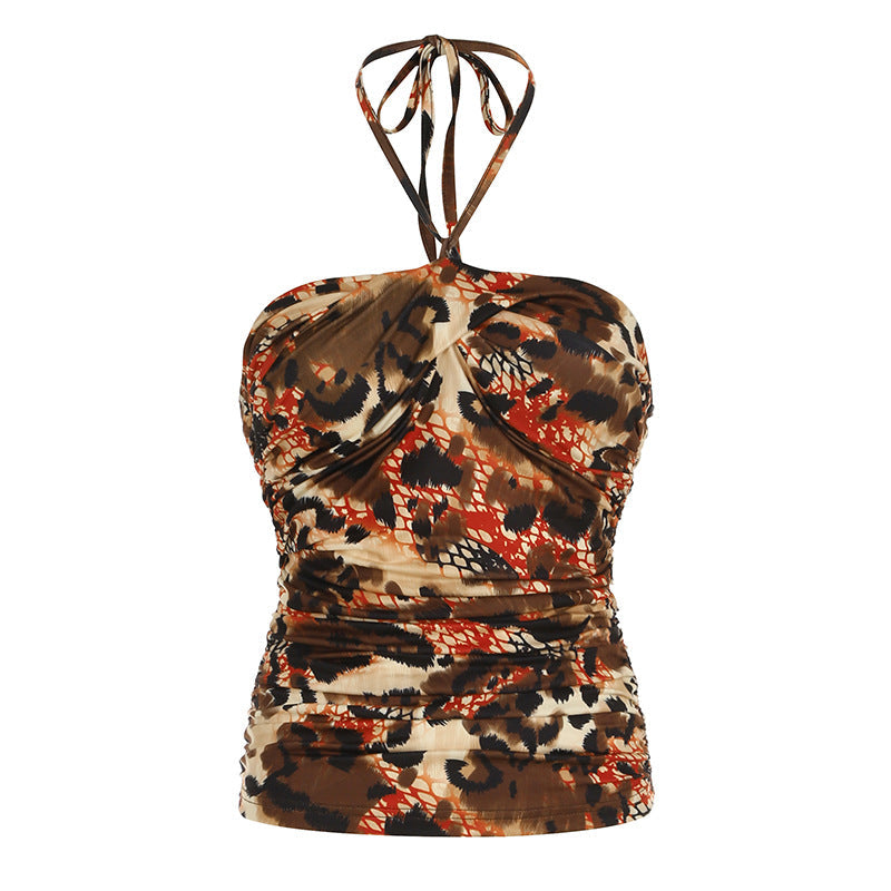 Retro Printed Chest Cup Pleated Strap Halterneck Vest Animal Pattern Sexy Twisted Backless Sling Summer