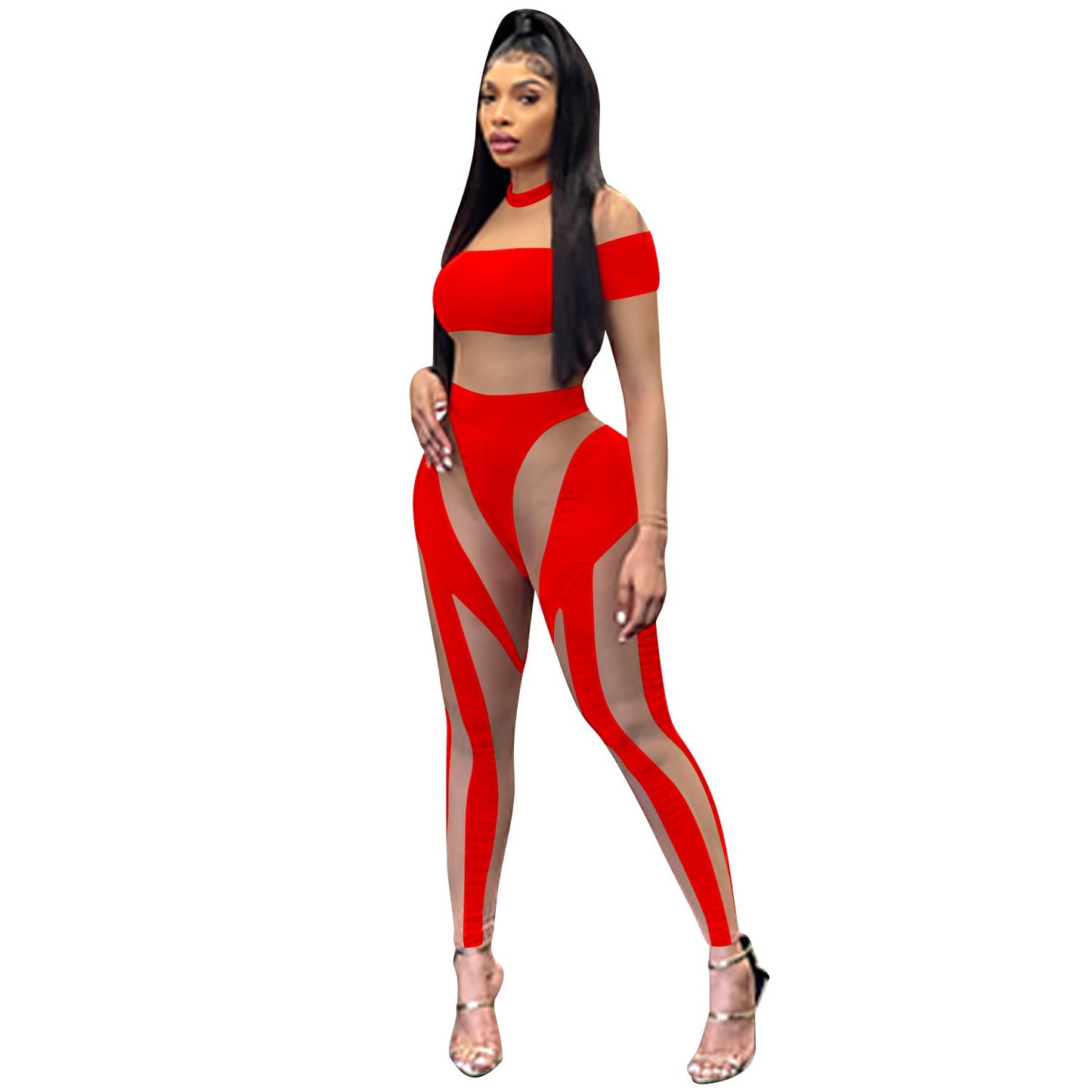 Sexy Nightclub Skinny Mesh Sheer Long Sleeve Trousers Jumpsuit Women Clothing