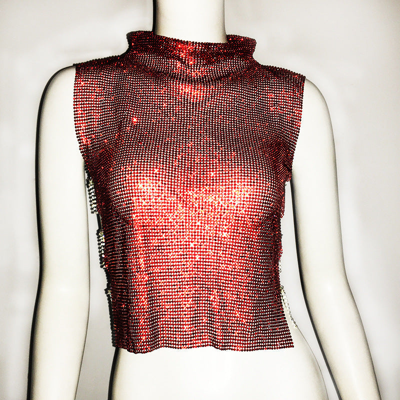 Women Clothing Full Diamond Vest Luxury Turtleneck Rhinestone Top Sexy Nightclub Sexy Vest