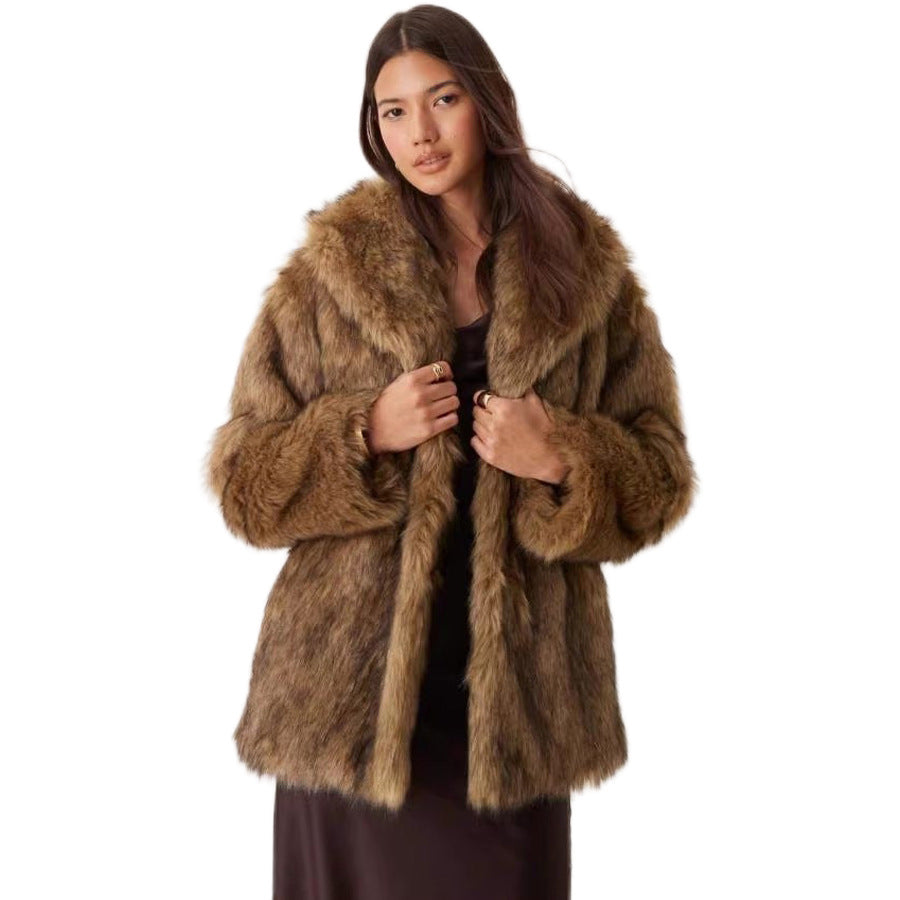 Women Fur Coat Imitation Raccoon Fur Mid Length Coat Faux Fur Long Sleeve Winter Warm Tops