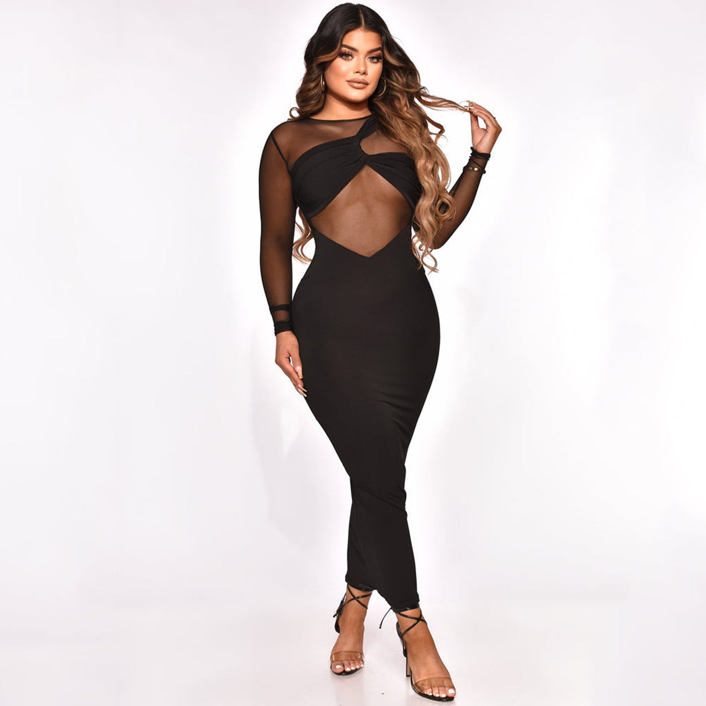 Women Clothing Sexy Tight Mesh See-through Solid Color Long Sleeve Dress for Women