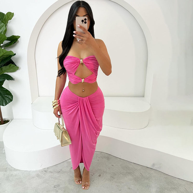 Summer Hollow Out Cutout Backless Tube Top High Waist Solid Color Split Skirt Set Women