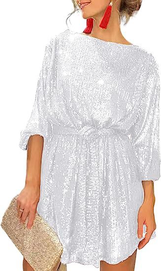 Summer Sequined Round Neck Long Sleeve Casual Loose Beaded Dress